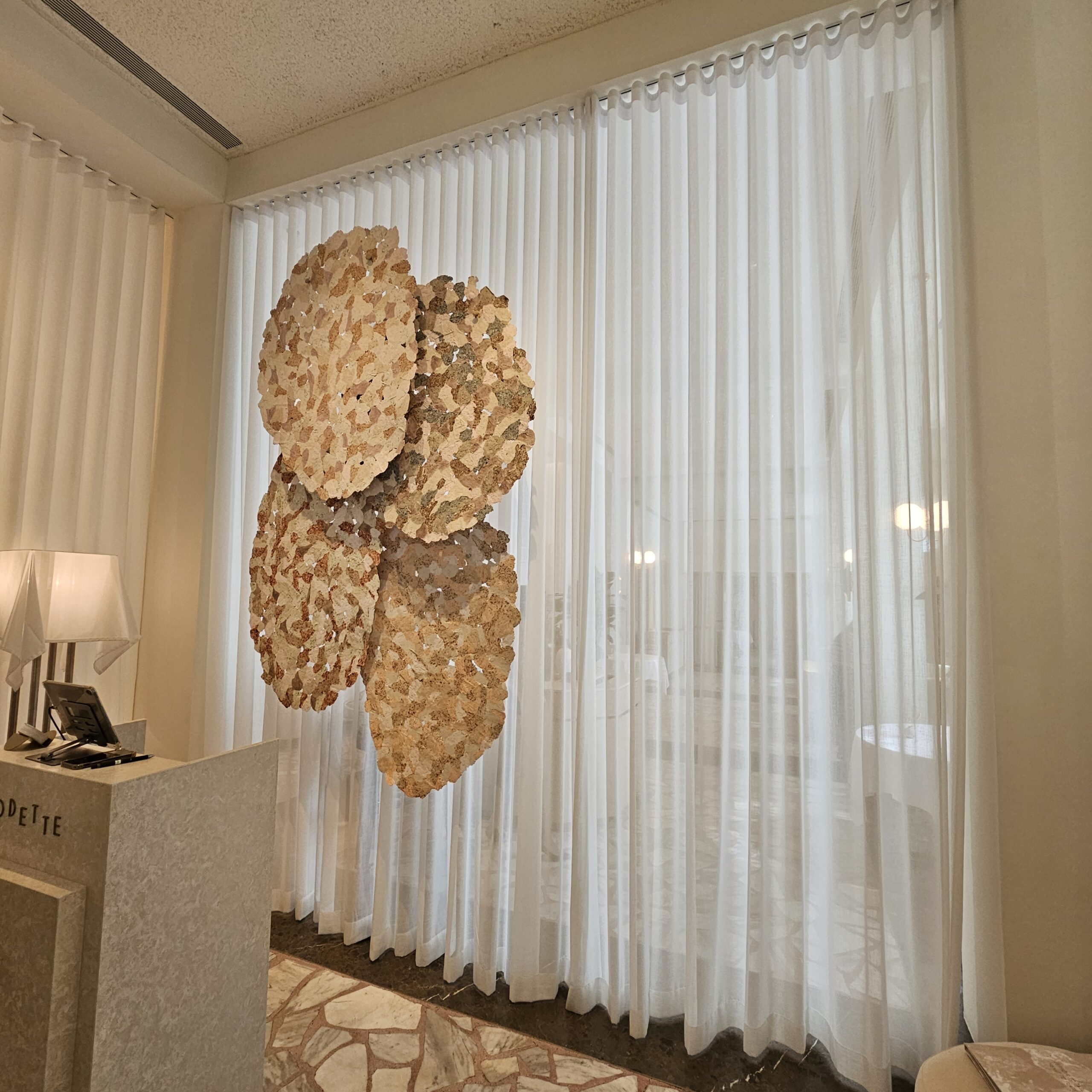 Full-height ripple fold sheer day curtains behind a decorative feature