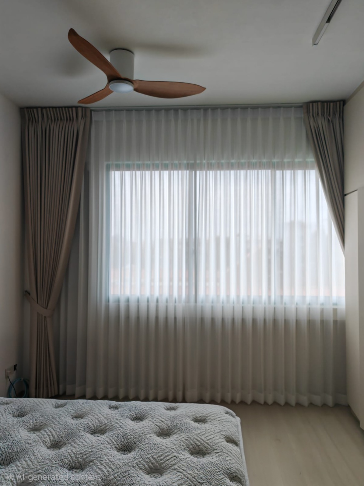 Shaped night curtains framing sheer day curtains across a bedroom window