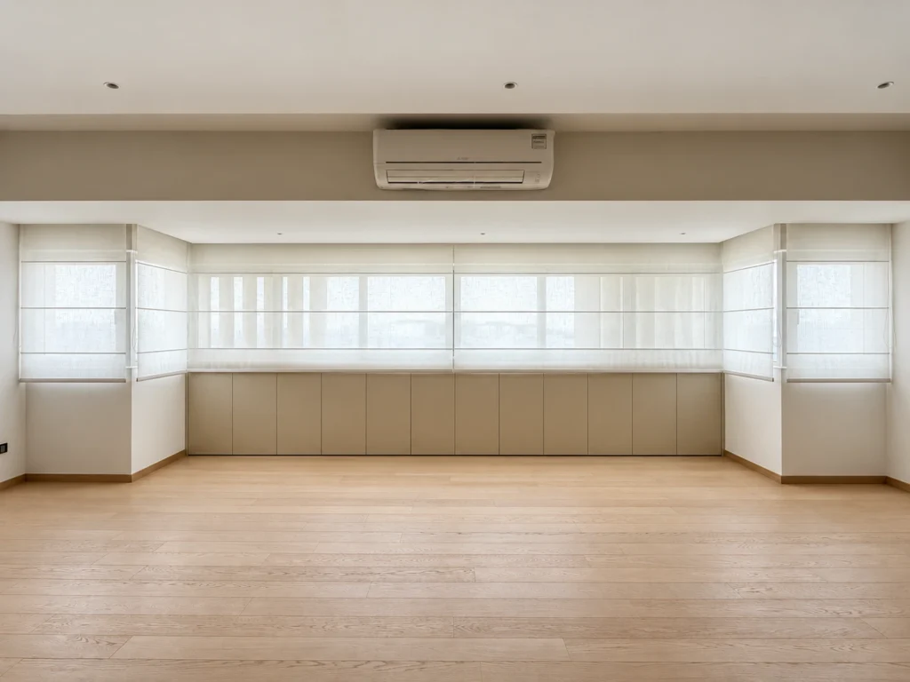Closed sheer Roman blinds with equal folds across full-width windows in a Singapore home